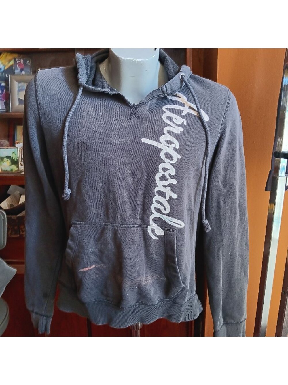 XL Aeropostale Hoodie Gray Pullover New York Kangaroo Pocket Trashed Distress